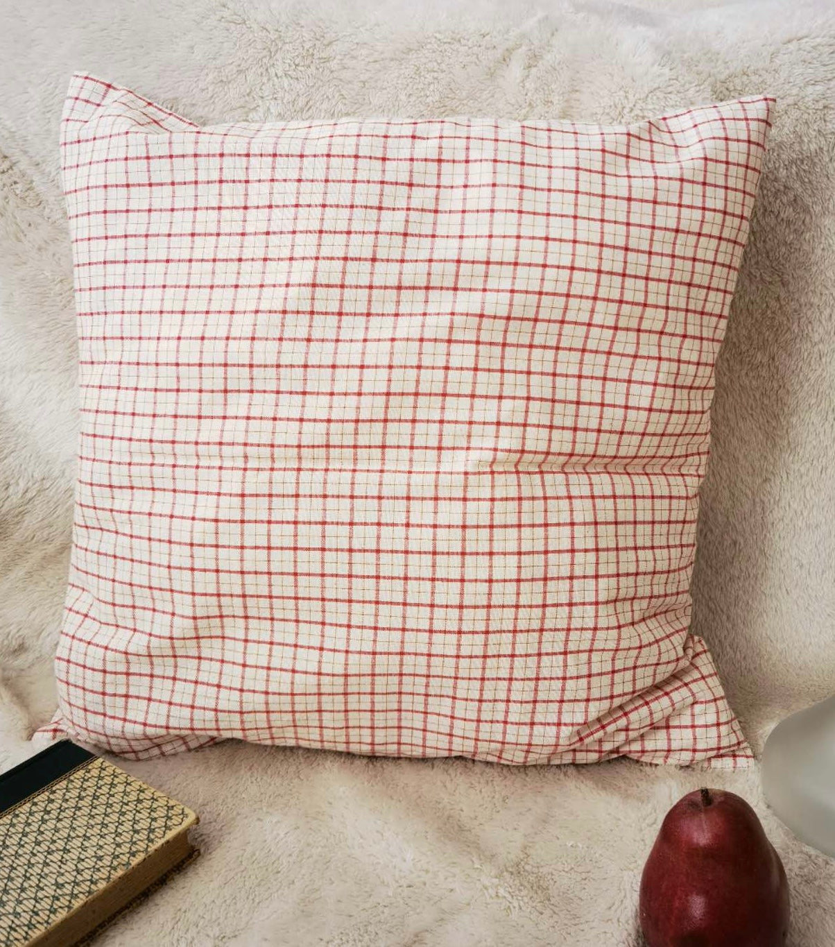 Red and white checkered cotton linen throw pillow case