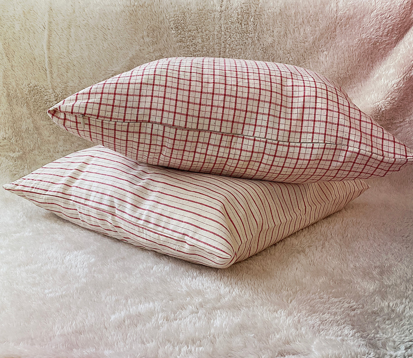 Red and white checkered cotton linen throw pillow case