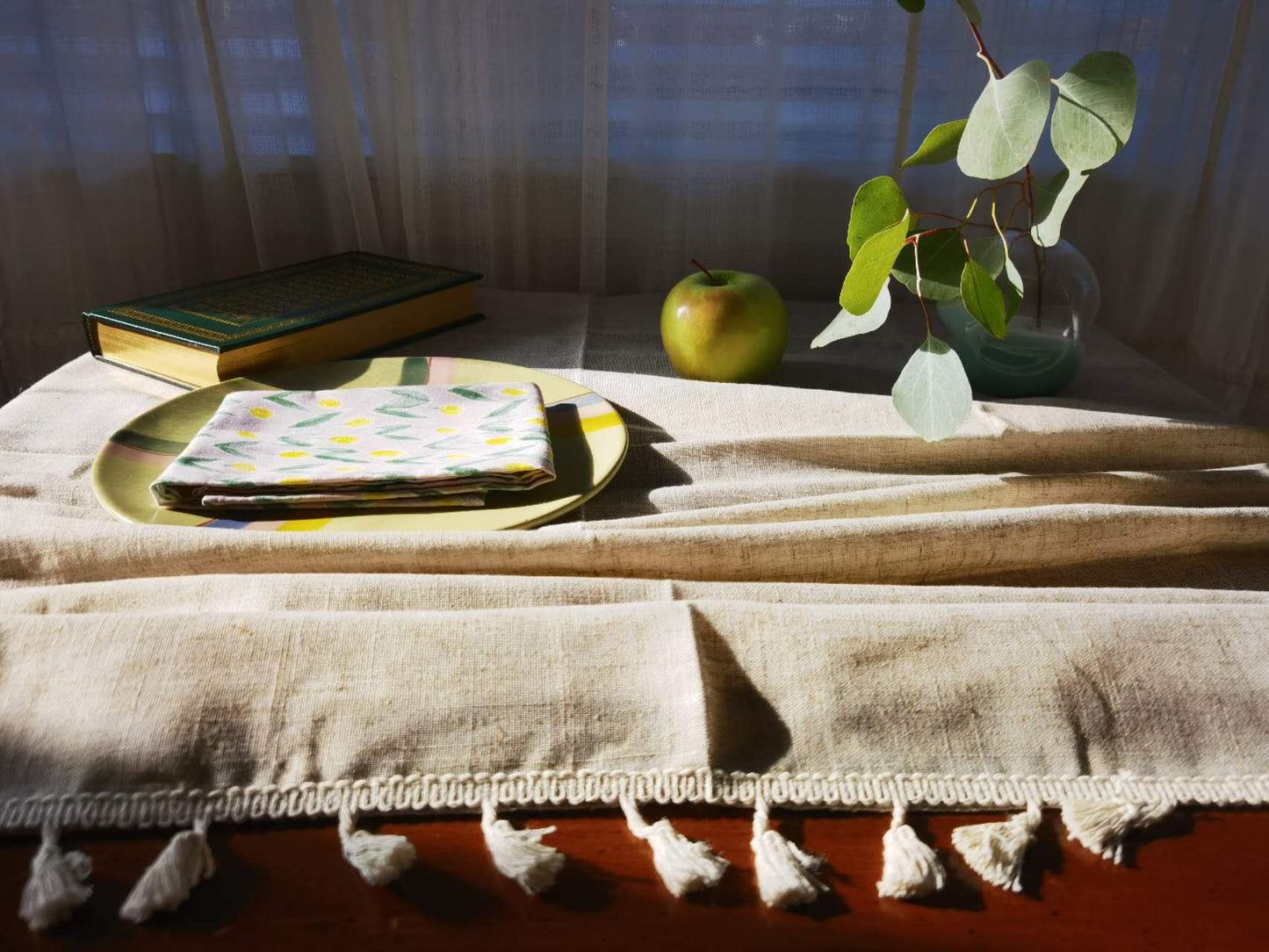 Bohemian linen-cotton tablecloth with tassel edging | multi-use cloth